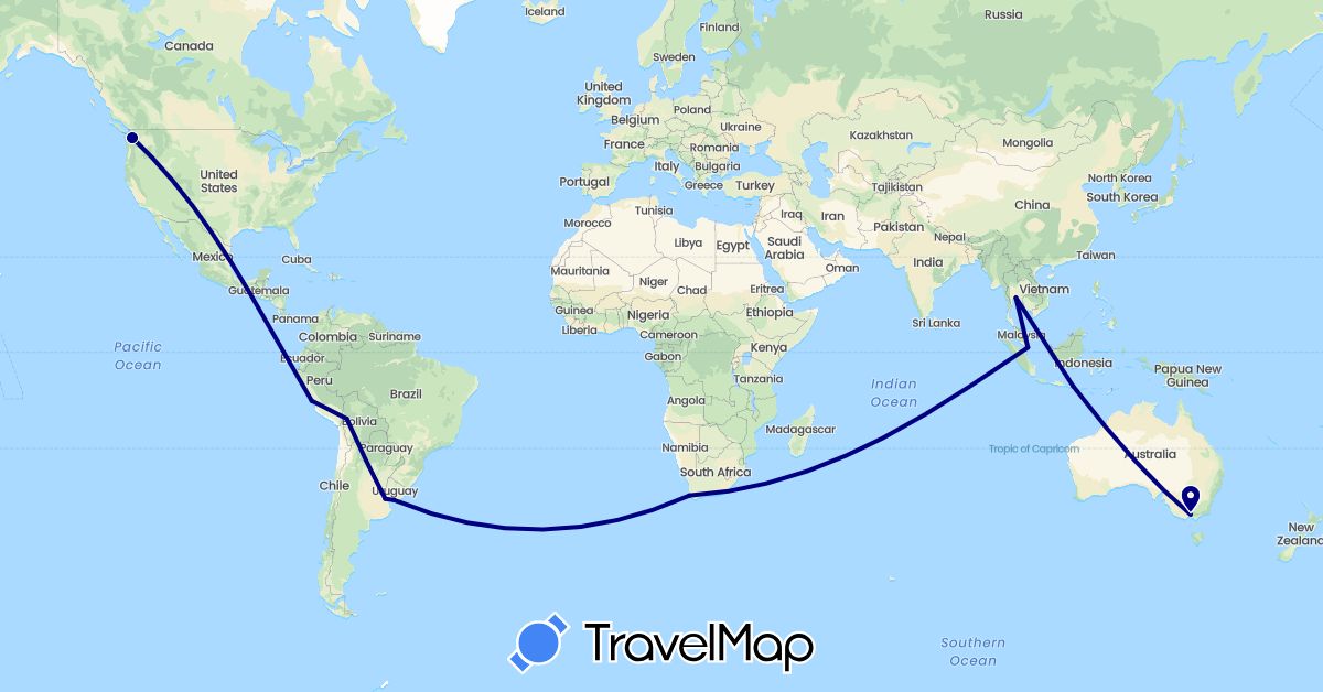 TravelMap itinerary: driving in Argentina, Australia, Bolivia, Indonesia, Peru, Singapore, Thailand, United States, Uruguay, South Africa (Africa, Asia, North America, Oceania, South America)