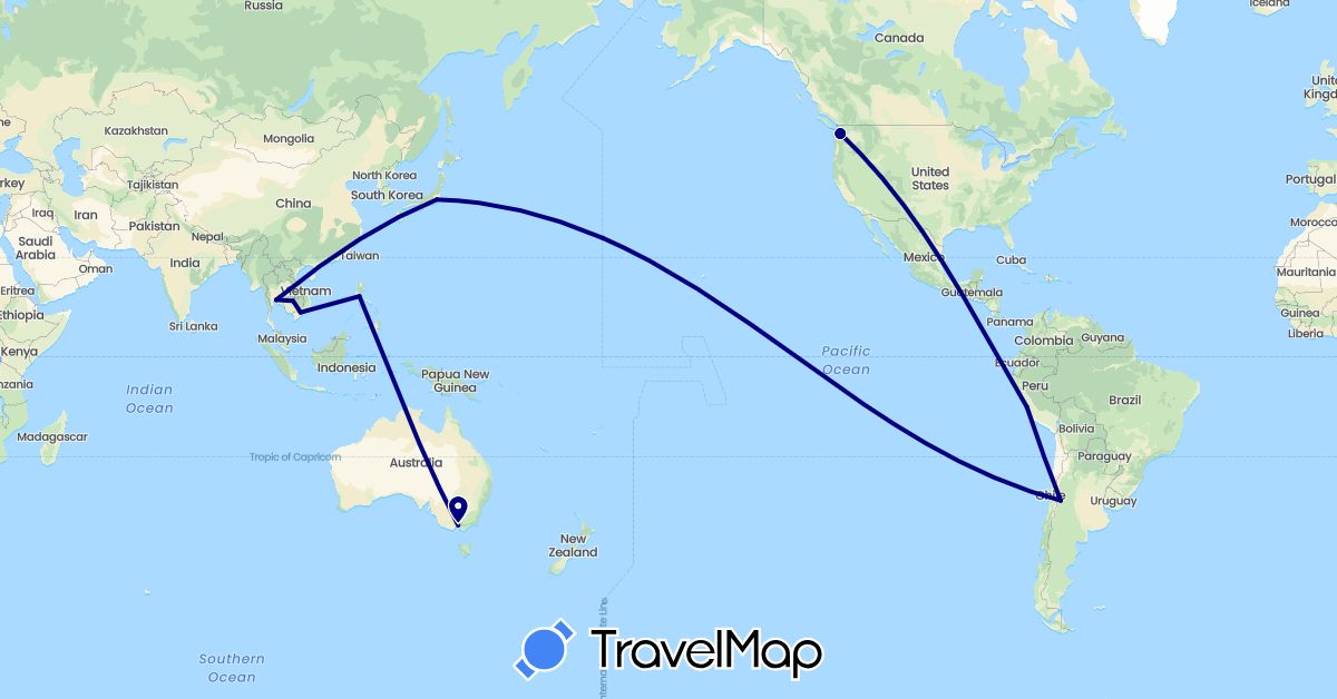 TravelMap itinerary: driving in Argentina, Australia, Japan, Cambodia, Peru, Philippines, Thailand, United States, Vietnam (Asia, North America, Oceania, South America)